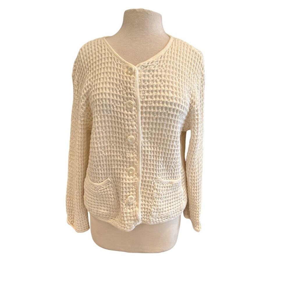 Cindy Bai Womens Waffle Knit Cardigan Sweater Size PM 55% Linen & 45% Cotton Cre
